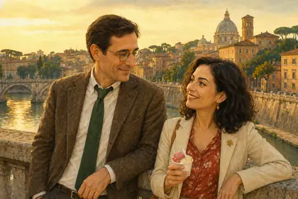Painting of a couple walking beside the Tiber at sunset, a basilica dome behind them.