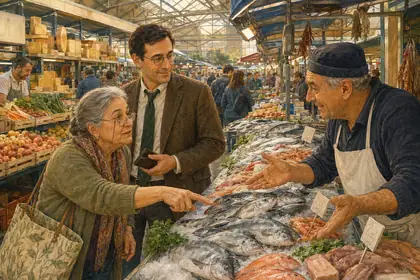 Painting of shoppers buying fish and produce at a covered Roman market hall.
