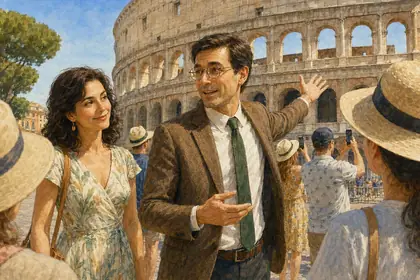 Painting of two visitors talking in front of the Colosseum on a bright day.