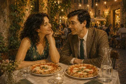 Painting of two people sharing pizza at an outdoor trattoria table lit by string lights.