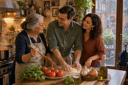 Painting of three people making pasta together at a floured kitchen table.