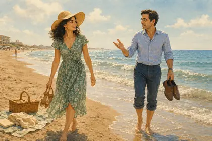 Painting of a couple walking barefoot along the shoreline carrying their shoes.
