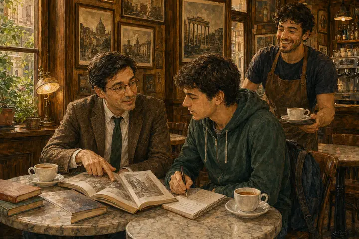 Painting of two men reading a book together at a marble café table in Rome, coffee cups beside them and a waiter approaching.